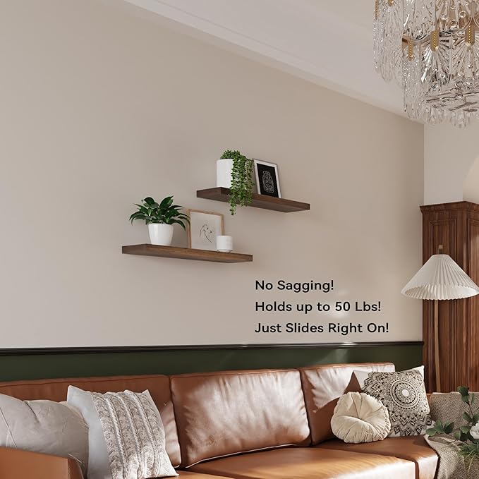 BGMG Wood Floating Shelves for Wall 16 inch Set of 2, Rustic Wooden Wall Mount Shelves for Living Room Bedroom Kitchen Farmhouse-16x6.7x1.25 inch- Dark Walnut