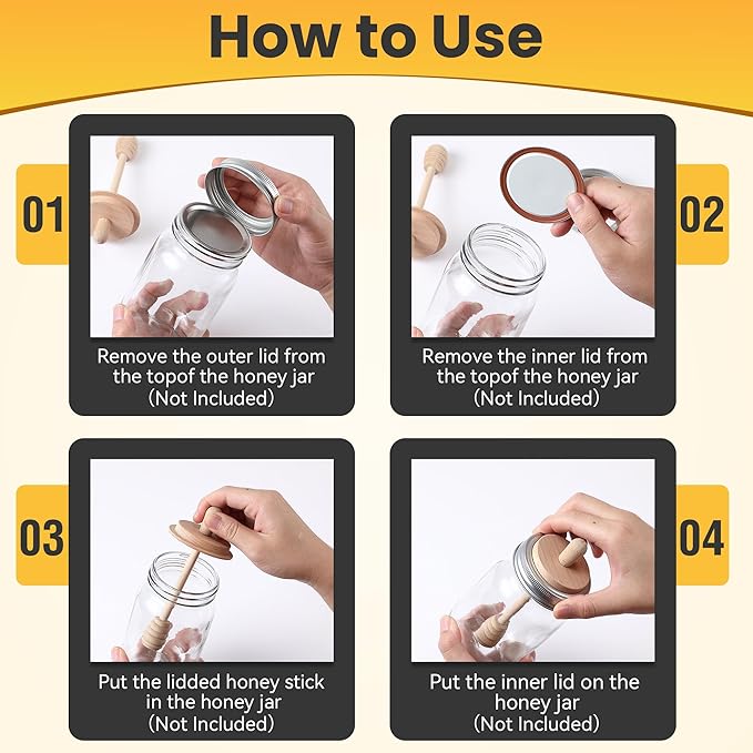 2pcs Wooden Honey Dippers, Honey Spoon Wooden Stick for Regular Mouth Mason Jars, Wood Spoon and Lid for Regular Mouth 16 oz Mason, Ball Jars (Only Dippers Lid)