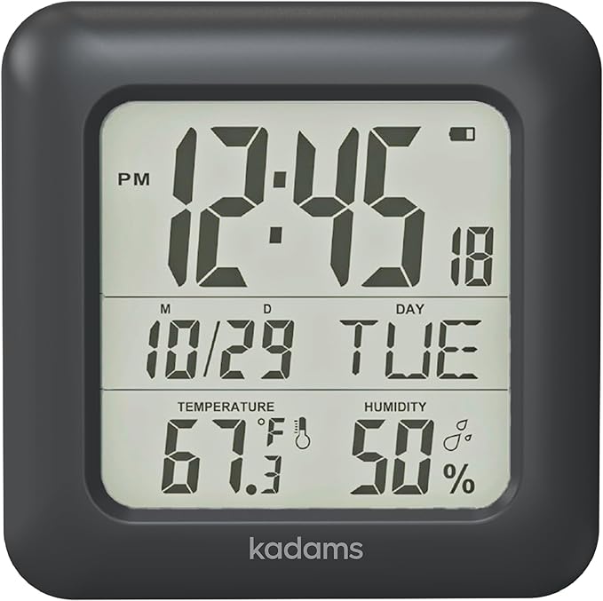 KADAMS Bathroom Clock 9.5" Kitchen Wall Clock with Large LCD Screen – Shower Clock with Suction Cup,Temperature, Humidity, Calendar – Water-Resistant, 4 Mounting Options, Black