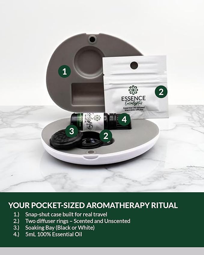 Essence Pearl Travel Case - Wearable Aromatherapy Kit with Nasal Diffuser Rings, Soaking Bay, and 5mL Essential Oil – Portable Wellness Gift Set for On?The?Go Self Care