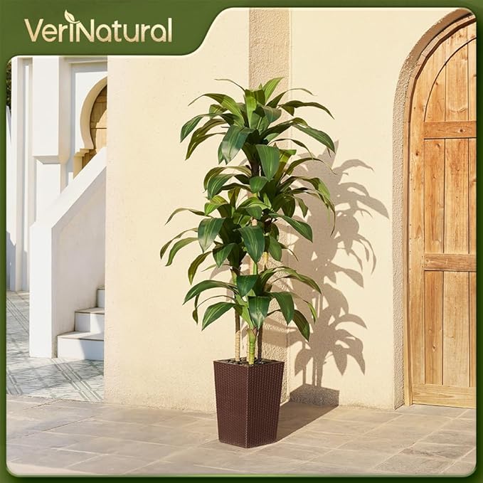 Artificial Dracaena Tree 6FT - Fake Tree with Brown Taper Planter & Pebbles - UV Resistant Faux Yucca Tropical Plant - Artificial Trees for Home Office Living Room Decor Indoor Outdoor