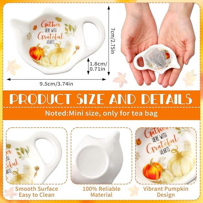 Set of 6 Thanksgiving Fall Pumpkin Tea Bag Holders Porcelain Ceramic Teapot Shaped Coasters Tea Bag Plate Spoon Rests Pad Saucer Seasoning Dish Set for Party Decoration Gifts, 3.7x2.75''