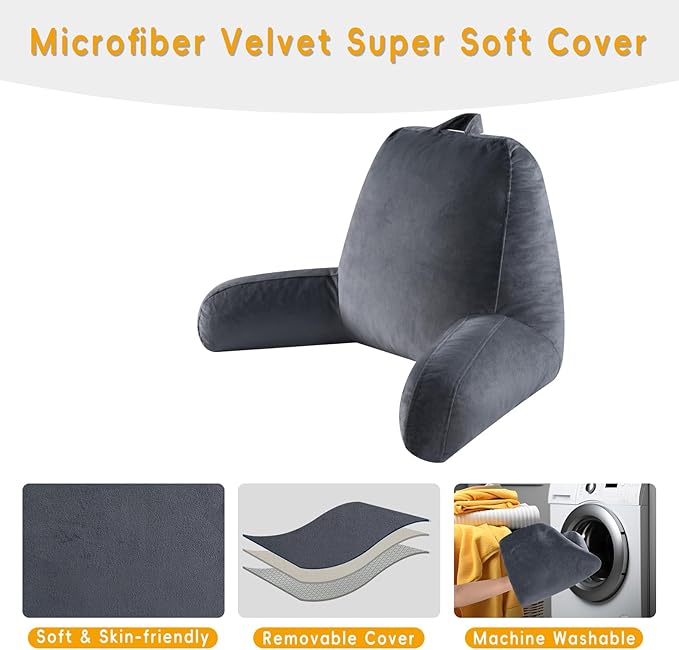 Reading Pillow for Sitting in Bed Adult, X-Large Reading Pillow with Shredded Memory Foam, Back Pillow for Sitting Up with Extend Arms, Pockets, Bed Pillow with Washable Cover, Grey