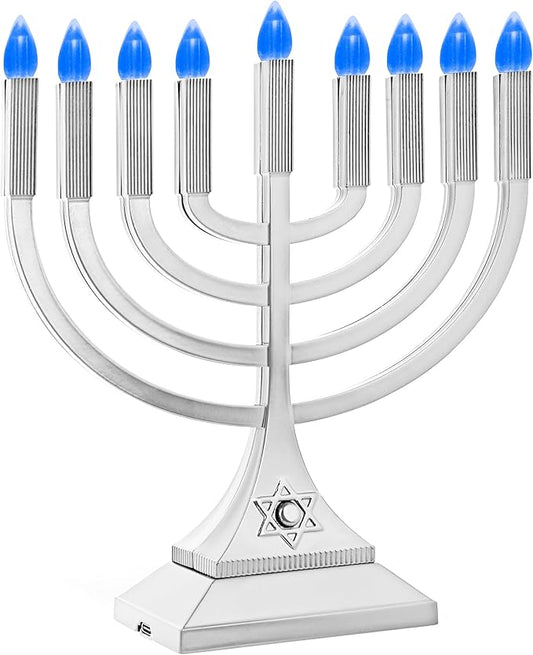 Zion Judaica 9" LED Hanukkah Menorah Medium Metallic Silver Battery or USB C Type Powered Flameless Chanukkah Candleholder USB Electric Minorah Bulbs Chanukah Decoration Lights Hanukkiah