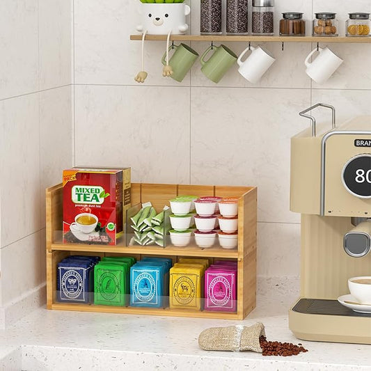 X-cosrack Bamboo Tea Bag Organizer Storage Box, 2-Tier Stackable Tea Box for Countertop, Wall Mount Tea Bag Holder, Tea Storage Chest Natural Wood for Office Kitchen Cabinet Pantry