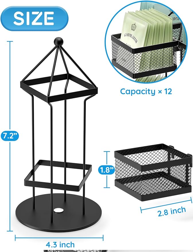 VOGWOLTH Tea Bag Organizer, Tea Bag Storage Holder Spinning Carousel 96 Teabags Container, Lazy Susan Coffee Creamer Sweetener Tea Caddy for Kitchen Counter Cabinet Pantry Shelf Organizer