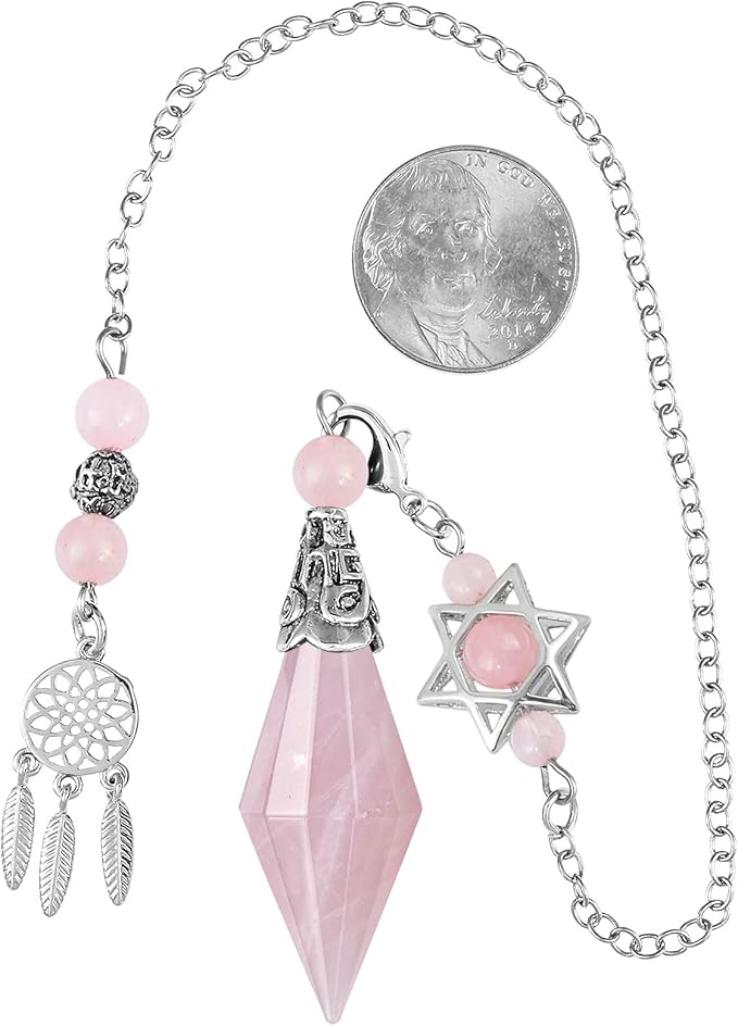 TUMBEELLUWA Reiki Healing Crystal Point Pendulum Dowsing Divination, Reiki Meditation Faceted Stone Pendant with Dream Catcher and Merkaba Star Chain, Rose Quartz