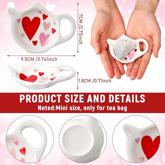 Set of 6 Valentines Love Hearts Tea Bag Holders Porcelain Ceramic Teapot Shaped Coasters Tea Bag Plate Spoon Rests Pad Saucer Seasoning Dish Set for Party Decoration Gifts, 3.7x2.75''