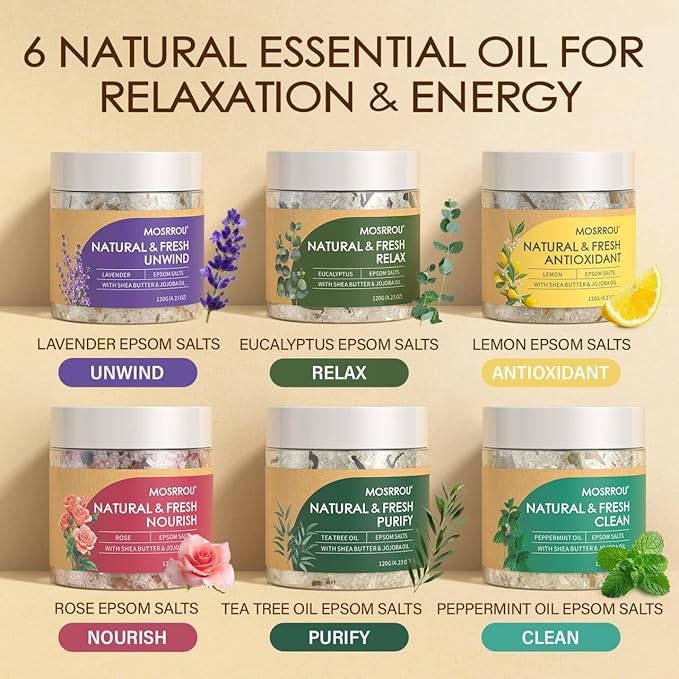 Epsom Bath Salts for Women Relaxing 6PCS Bath Salts Gift Set for Mom with Essential Oils for Bath Gifts on Birthday Mother's Day Christmas Lavender Eucalyptus Rose Lemon Tea Tree Peppermint