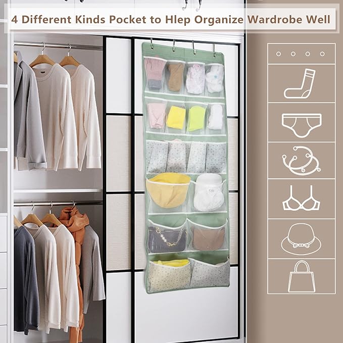 Over the Door Organizer with 4 Kinds of Pockets,Behind Door Shoes Rack,Back of Closet Storage Organization for Socks,Hat,Underwear,Luggage Packing,Hanging Holder Shelf in Home Dorm,Travel,Green