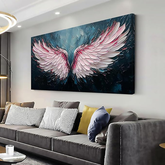 ZESTRILIA Angel Wings Wall Art for Girls Room Pink Navy Blue Canvas Oil Painting Prints Modern Abstract Fantasy Anime Artwork Living Bedroom Office Decor (30x16 Inches)