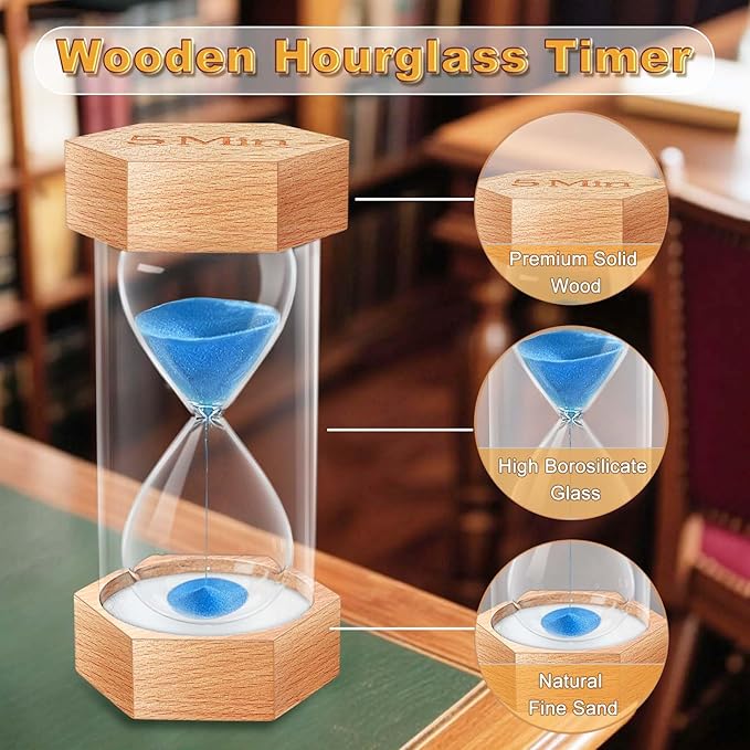 5 Minute Hourglass Sand Timer, Natural Wood Grain Hexagonal Hour Glass Sand Clock 5 Minutes, Reloj De Arena, Large Wooden Sandglass Sand Watçh 5 Min for Rustic Desk Decor, Office, Game, Classroom