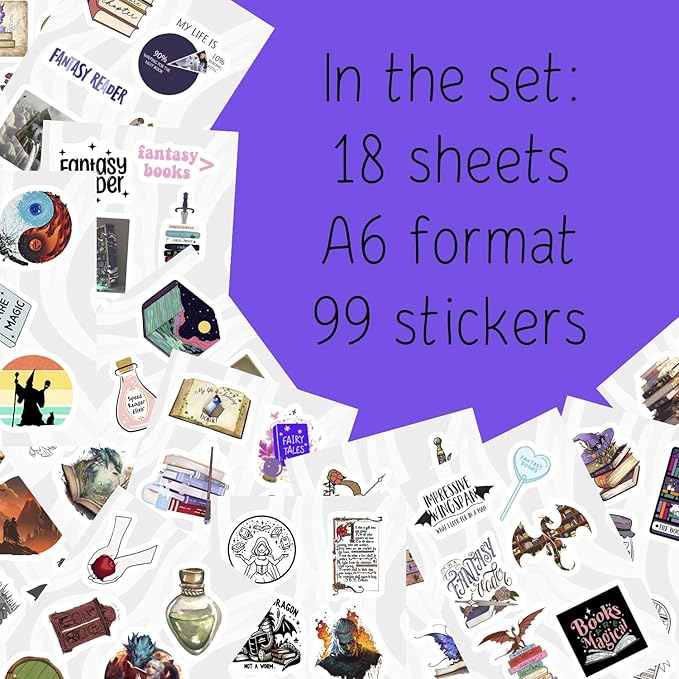 BulbaCraft 100Pcs Fantasy Book Stickers for Water Bottle and Laptop - Fantasy Book Party Favors & Decorations, Waterproof Vinyl Decals, Gifts for Women & Men