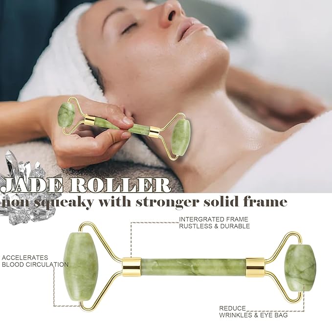 Jade roller and gua sha, facial roller, women's skincare tool, self-care gift, face, eye, neck massager, relieves fine lines and wrinkles, aventurine, opal, rose quartz