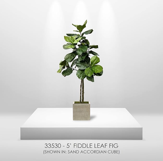 Cypress & Alabaster Handmade 5ft Fiddle Leaf Fig Ficus Lyrata Artificial Tree with Ethically Sourced Real Wood Trunks, Hypoallergenic, 5-Foot, Green