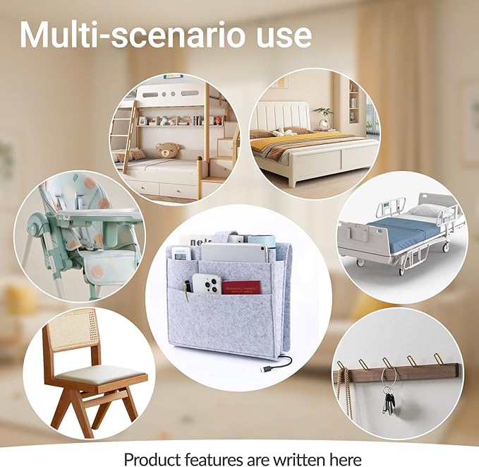 Seefoo Bed Caddy Organizer, Bunk Bed Shelf Caddy with 4 Pockets, Easy Storage as Books, Remotes, Magazine Holder, Sturdy Bedside Organizer for Bed, Bunk, Dorm, Sofa Grey