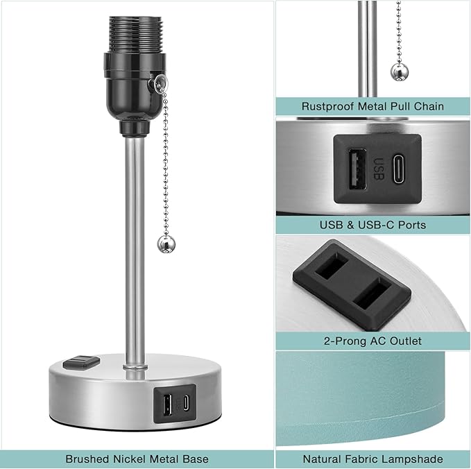 Teal Bedside Lamp for Nightstand - 3 Color Temperature Table Lamp with USB C and A Ports, Pull Chain Lamp for Bedroom with AC Outlet, Coastal Desk Lamp with Silver Metal Base for Kids Girls