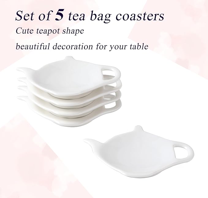White Porcelain Tea Bag Plate Set of 5, Five Pieces of Tea Bag Coasters, Used Tea Bag Holder, Classic Teaspoon Rest pad, Tea Bag Rest Dish, Tea Party