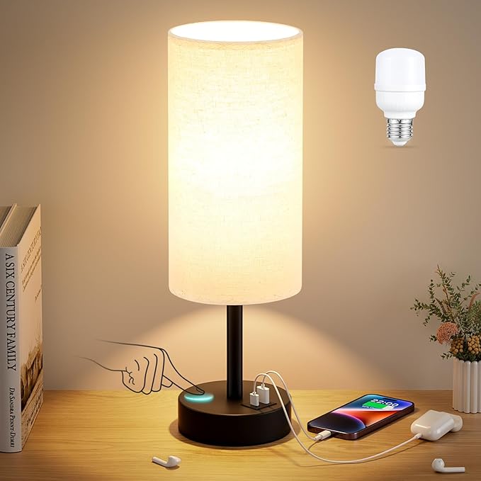 Beige Touch Lamp for Bedroom with USB - 3 Way Dimmable Table Lamp for Nightstand, Small Lamp with Black Charging Station for Desk Dorm, Office, Nursery