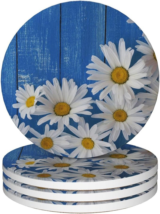 Blue Daisy Wood Round 4" Cup Coasters Set of 4, Absorbent Ceramic Stone Coasters with Cork Base, Ideal Home Decor Gifts for Women Men