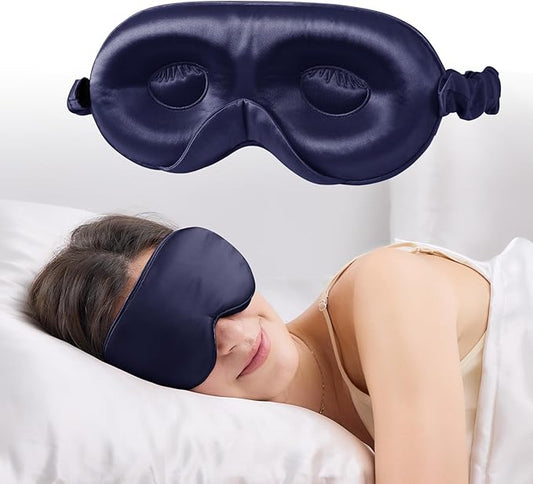 100% 22 Momme Mulberry Silk Sleep Mask with Adjustable Strap, 3D Contoured Cup Silk Eye Mask for Sleeping, Total Black Out, Navy Bule