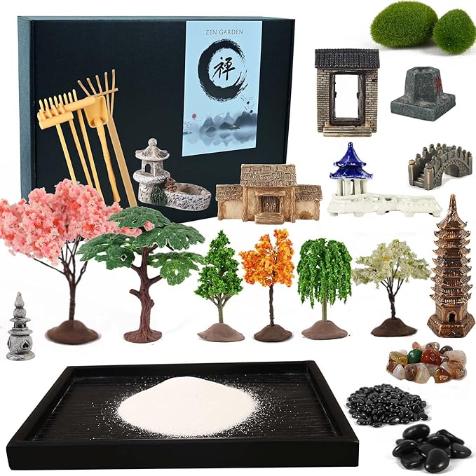 14" x 10" Large Japanese Zen Garden Kit for Desk – Includes 25+ Accessories: Sand Tray, Rake, Trees, Incense Burner, Bridge, Well, Door – Calming Decor Gift for Women, Mindfulness & Stress Relief