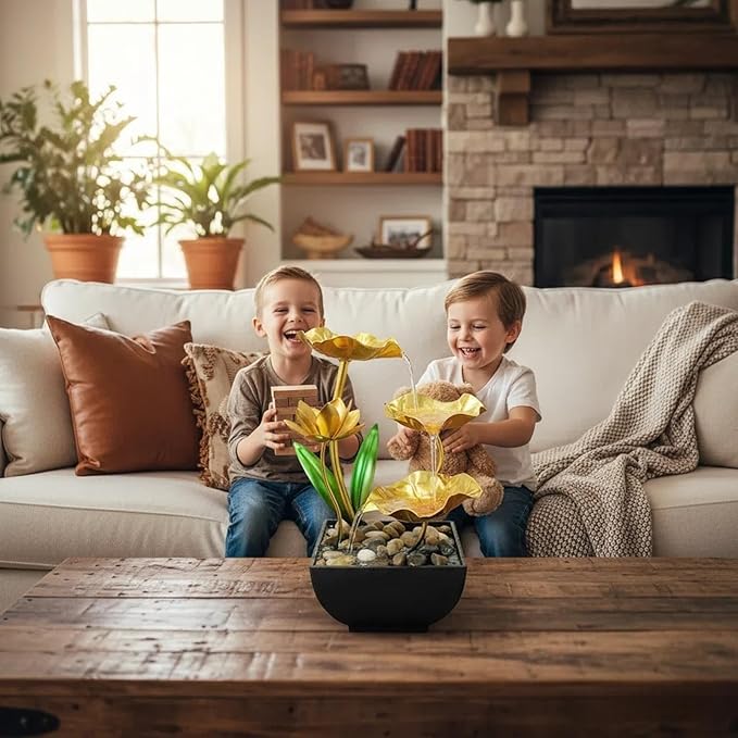 Gold Tabletop Water Fountain, Desktop Waterfall, Indoor Lotus Desktop Decorative Fountain, Home Bathroom Bedroom Decor.Thanksgiving Gift