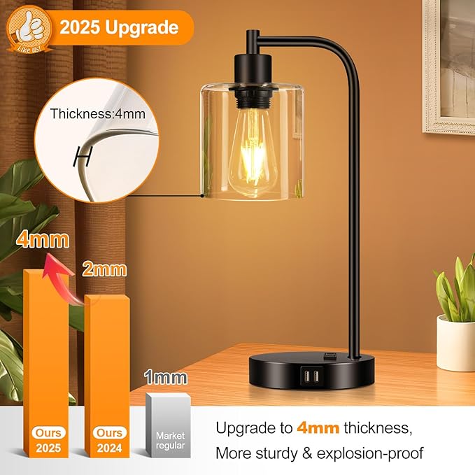 Set of 2 Industrial Touch Control Table Lamps with 2 USB Ports and AC Outlet - 3-Way Dimmable Black Bedside Lamps Nightstand Desk Lamps for Bedroom Living Room, Glass Shade & 2 LED Bulbs Included