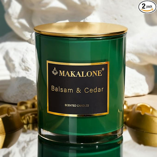 MAKALONE Balsam Cedar Scented Candle,Hand-Poured Soy Candles,Non Toxic Vegan Soy Wax-Long-Lasting 60 Hour Burn Time,Glass Jar Scented Candles,9oz for Holiday Season & Gifting,Home,Yoga,Meditation