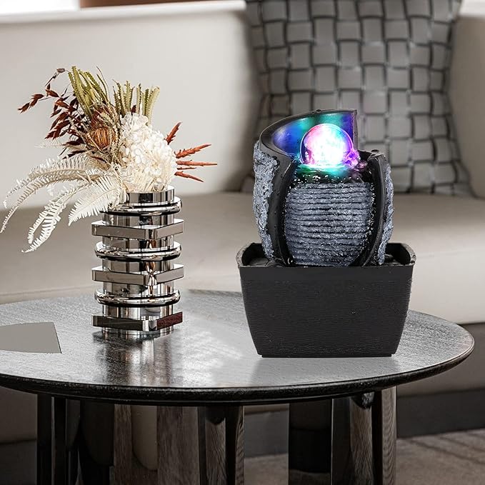 WICHEMI Indoor Fountain Tabletop Fountain Mini Waterfall Fountains Relaxation Water Feature Feng Shui Zen Meditation Desktop Fountain with Rolling Ball for Home Office Indoor Spaces Decor (Style 3)