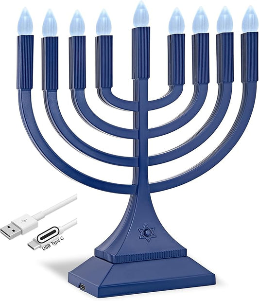 Zion Judaica 9" LED Hanukkah Menorah Blue Powered by Batteries or Included 3' USB C Cable Flameless Chanukkah Candles Holder LED Electric Minorah Bulbs Chanukah Decoration Lights Hanukkiah