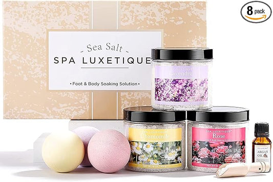 spa luxetique Bath Salts, 8pcs Bath Salts Gift Set with Argan Oil, Bath Bombs, Wooden Scoop, Epsom Salt for Soaking in Lavender, Rose, Chamomile Scent, Mother's Day Gifts, Christmas Gifts for Her