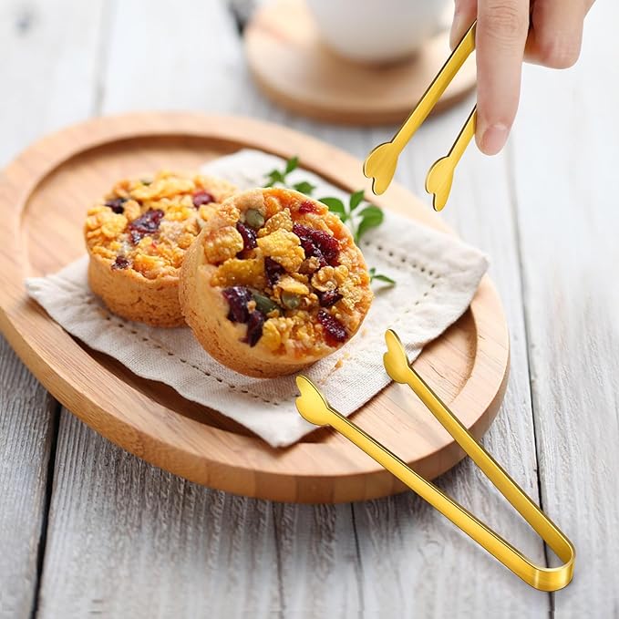 20-Packs Mini Serving Tongs, Stainless Steel Small Appetizers Tongs, Metal Kitchen Tongs, Ice Sugar Tongs for Serving Food (5inch，Gold)