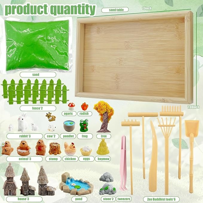 33 Pcs Zen Garden For Desk，Mini Zen Garden，Japanese-Style Home Gift Set Featuring A Wooden Tray With Rake-Shaped Mini Ornaments, Perfect For Desk Decoration, Bedroom Nightstands, And More.