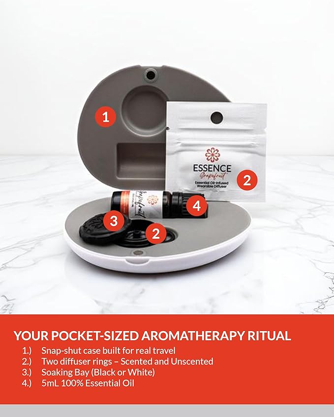 Essence Pearl Travel Case - Wearable Aromatherapy Kit with Nasal Diffuser Rings, Soaking Bay, and 5mL Essential Oil – Portable Wellness Gift Set for On?The?Go Self Care