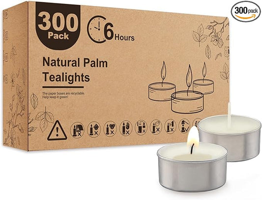 Unscented Palm Tea Lights Candles 300 Pack Bulk, 6 to 7 Hours Long Burning White Tea Lights,Non-Paraffin, Smokeless, Mini Tealight Candles for Wedding, Christmas Lights, Party, Power Outages