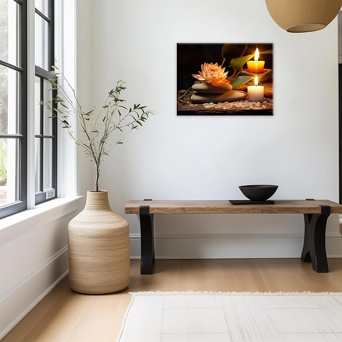Zen Canvas Wall Art Lotus Flower Stone Painting Framed Spiritual Artwork Meditation Decor for Living Room Bedroom Ready To Hang(Artwork-2,16"x24")