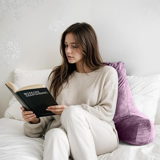 Reading Pillow for Sitting in Bed Adult, Reading Pillow with Shredded Memory Foam, Bed Pillow with Washable Cover, Back Pillow Sitting Up with Extend Arms, Purple, X-Large