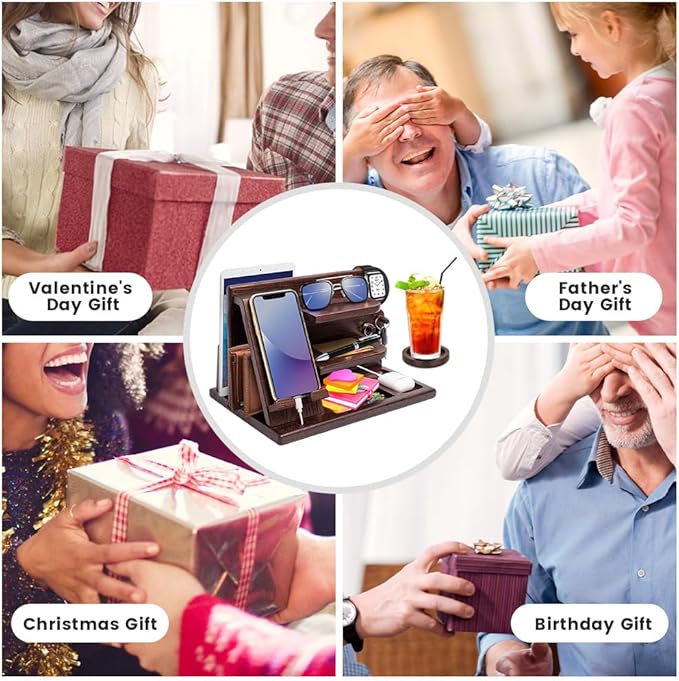 Wood Phone Docking Station - Gifts for Men Desk or Nightstand Organizer - Birthday Gifts for Husband, Fathers Day for Dad - Anniversary Idea from Wife - Key Holder, Stand Wallet, Watch & Essentials