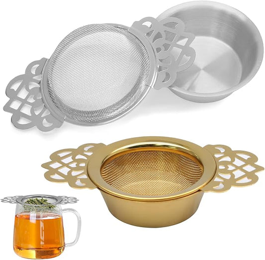 2 Pack Tea Strainers with Drip Bowls Stainless Steel Mesh Tea Infusers Loose Leaf Tea Filter with Handles Tea Steeper for Tea Juice Coffee Drinks, Gold & Silver