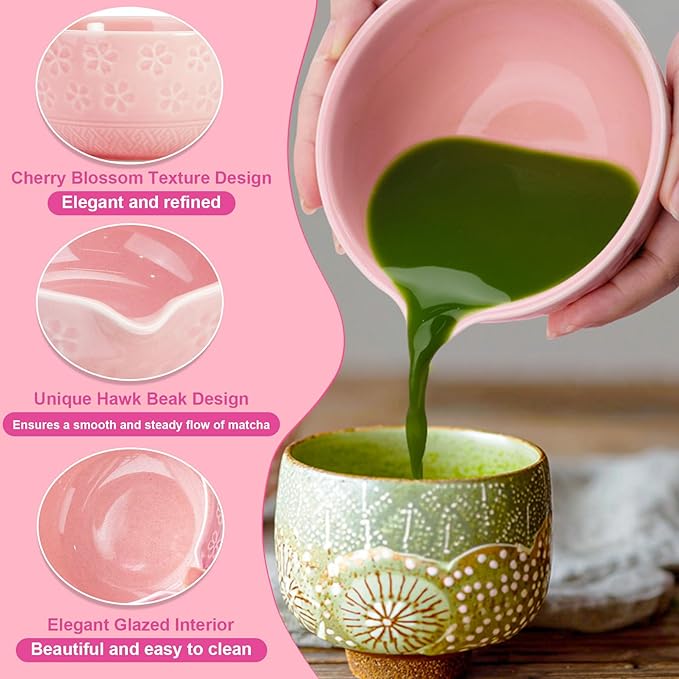 7 Pcs Matcha Whisk Kit, Cherry Blossom Matcha Set for Beginners and Enthusiasts with Bowl, Whisk and Holder, Bamboo Scoop, Scoop Rest, Sifter, and Towel, Perfect as a Gift
