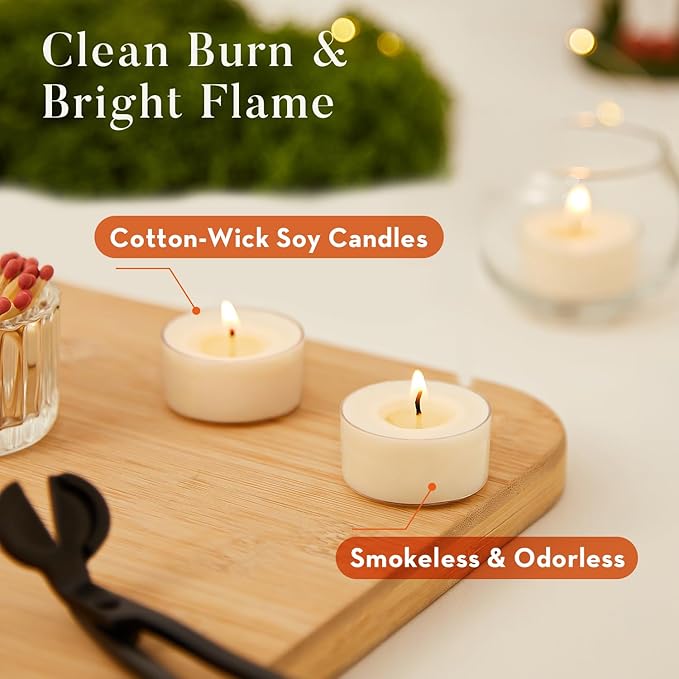 Crenovo Tea Lights Candles 100 Pack, Natural Soy Wax Tealights Candles Bulk 6 Hours Non-Toxic, Long Burning, Unscented Small Votive Cup Candles for Wedding, Party, Dinner, Emergency