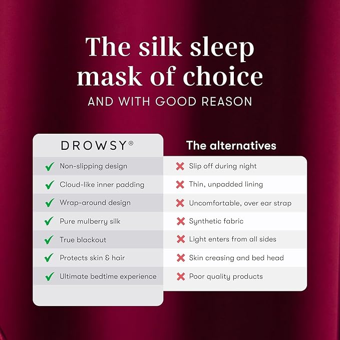 DROWSY Silk Sleep Mask - Face-Hugging, Padded Cocoon for Luxury Sleep in Total Darkness - 100% Pure Mulberry Silk (La Vie En Rouge)
