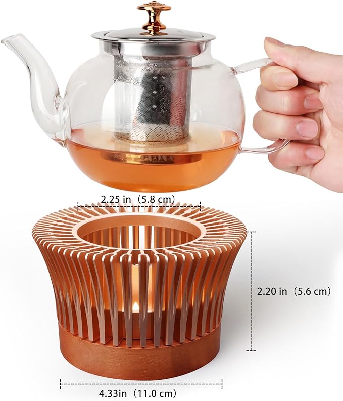 Tea Warmer with Magnolia Flower Design, JUKFITA Rose Gold Aluminum Alloy & Wood Teapot Warmer, Tall