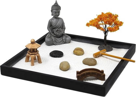 Nature's Mark Mini Zen Garden Kit for Desk with Rake, White Sand, Buddha, Bridge Black Square Base, River Rocks and Mini Blossom Tree (9Lx9W A)