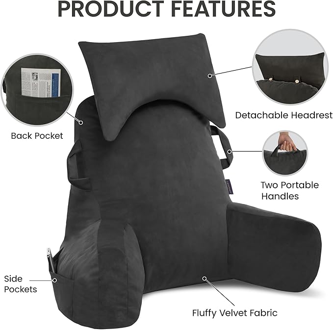 Portable Reading Pillows with Headrest for Bed Sitting Up(Grey Oeko-Tex), Velvet Back Pillow with Arms & Pockets for Adults, Support Memory Foam Bed Pillow for Dorm/Reading/Watching/Gaming