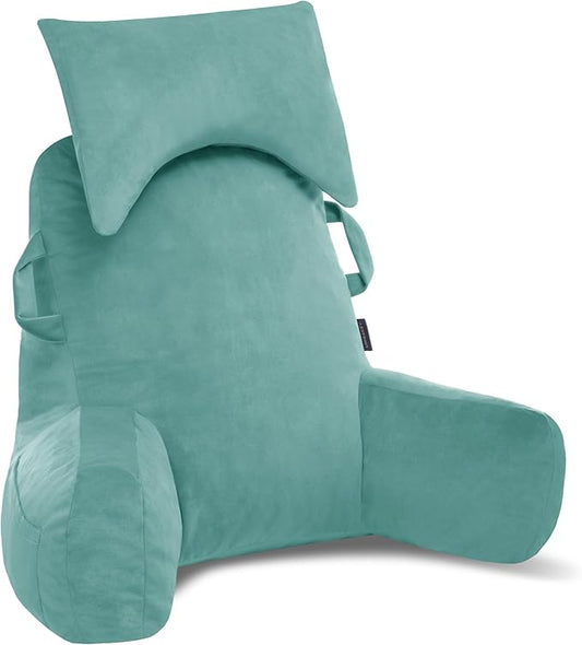 Portable Reading Pillows with Headrest for Bed Sitting Up(Lake Blue Oeko-Tex), Velvet Back Pillow with Arms & Pockets for Adults, Support Memory Foam Bed Pillow for Dorm/Watching/Gaming