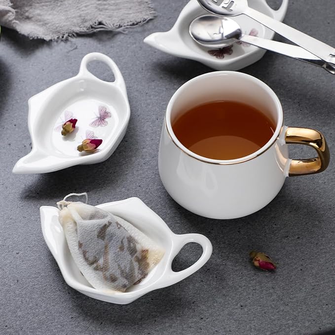 Coaster Set of 6 White Ceramic Tea Bag Holder and Stainless Steel Tea Bag Squeezer (style1)