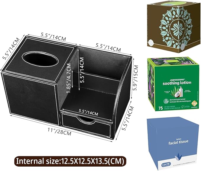 Leather Square Tissue Box Cover with Storage Tray,Cube Tissue Box Holder,Modern Facial Paper Organizer with Remote Control Holder for Bathroom,Vanity Countertop,End Table NightStand Home Office.Black