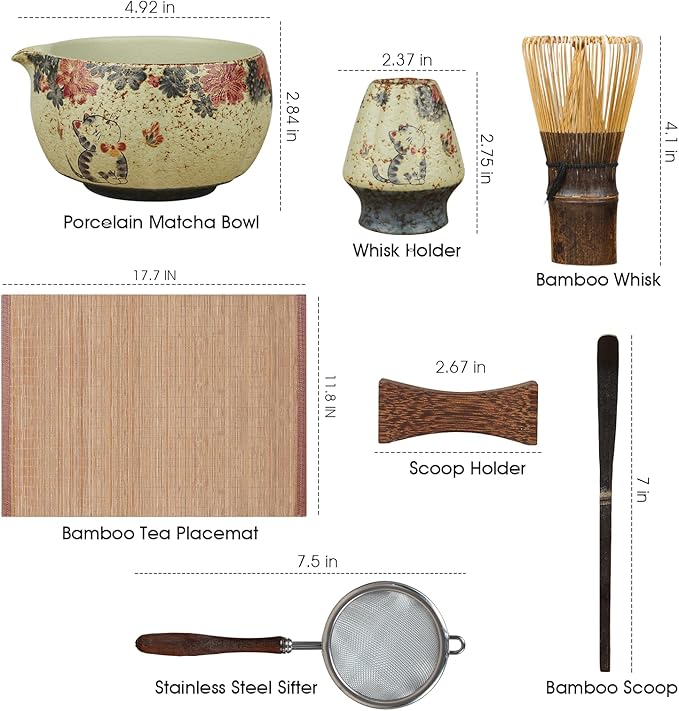 7-Piece Matcha Set with Matcha Bowl, Bamboo Whisk (Chasen) & Holder, Sifter, Tea Scoop & Rest, Special Bamboo Tea Mat - Perfect Matcha Kit for Matcha Lovers & Gift Giving, Kitty Pattern